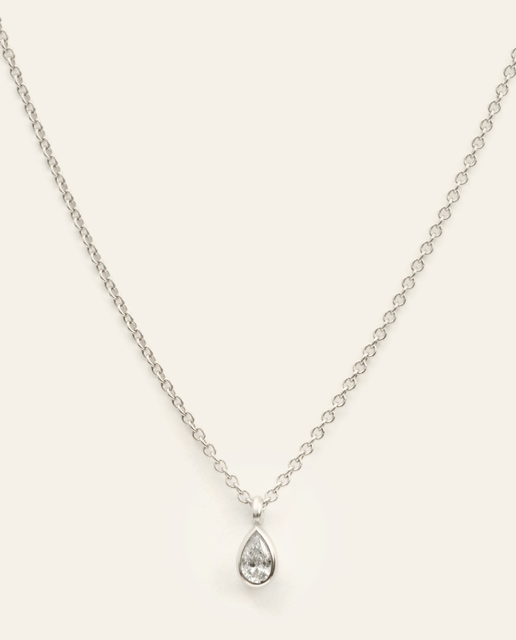 Bezel Set Petite Pear Cut Diamond Pendant Necklace White Gold